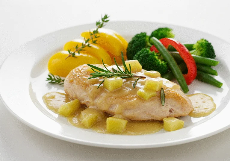 Delicious Poulet Vallée d'Auge served with cream sauce and fresh herbs, ready to enjoy.