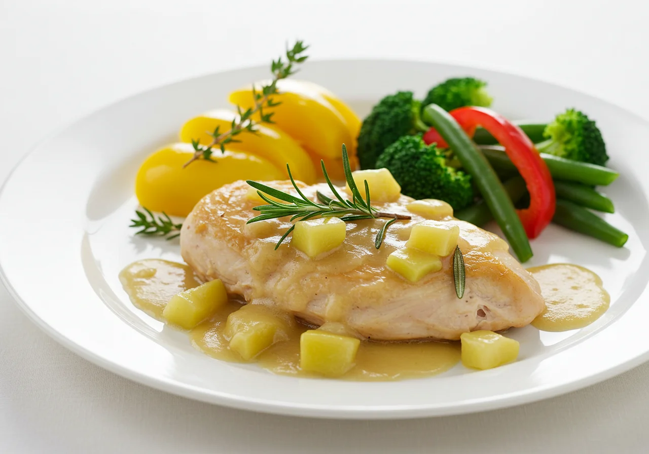Delicious Poulet Vallée d'Auge served with cream sauce and fresh herbs, ready to enjoy.
