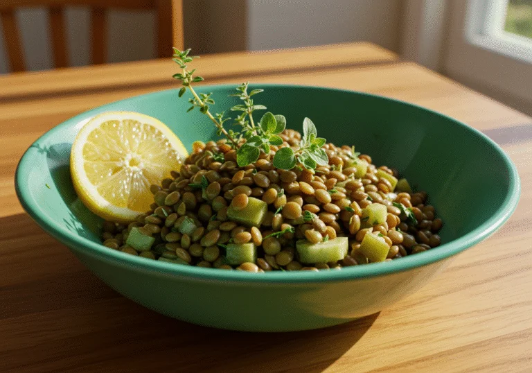 Finished Salade de Lentilles Vinaigrée served in a bowl, perfect for a healthy meal.