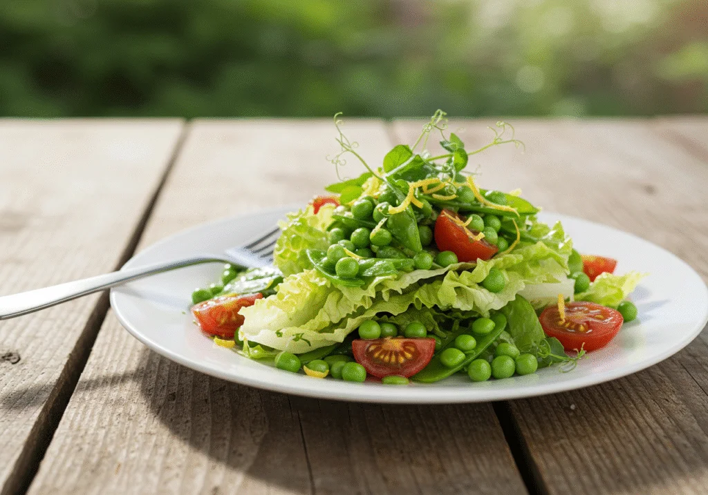 Une belle assiette de Salade Fraîcheur aux Petits Pois, mettant en valeur les couleurs et les textures des ingrédients frais.