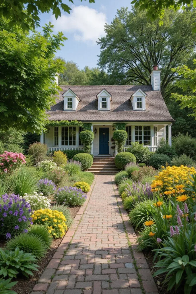 Un chemin pittoresque dans un jardin de cottage avec des fleurs colorées et des plantes vertes en plein jour