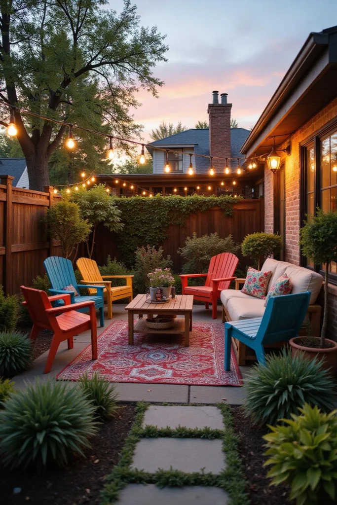 Un patio cosy dans un jardin avec mobilier coloré et guirlandes lumineuses au coucher du soleil, illustrant des idées de décoration économiques