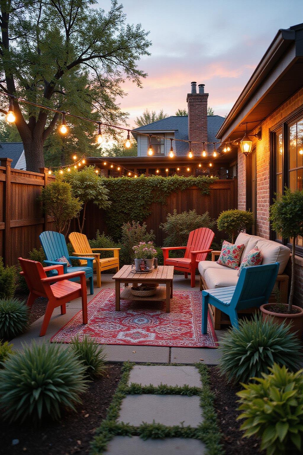 Un patio cosy dans un jardin avec mobilier coloré et guirlandes lumineuses au coucher du soleil, illustrant des idées de décoration économiques