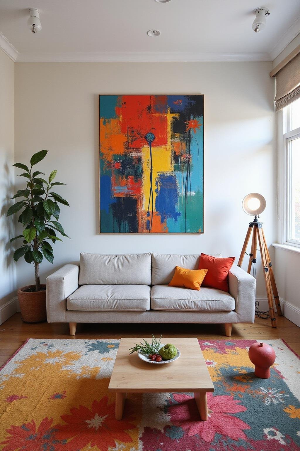 Salon contemporain avec un poteau peint de façon vibrante et abstraite, apportant une touche artistique à la pièce
