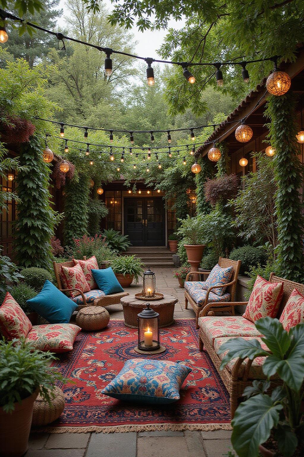 Jardin bohème vibrant avec coin salon cosy, lanternes suspendues, et textiles décoratifs pour une ambiance décontractée