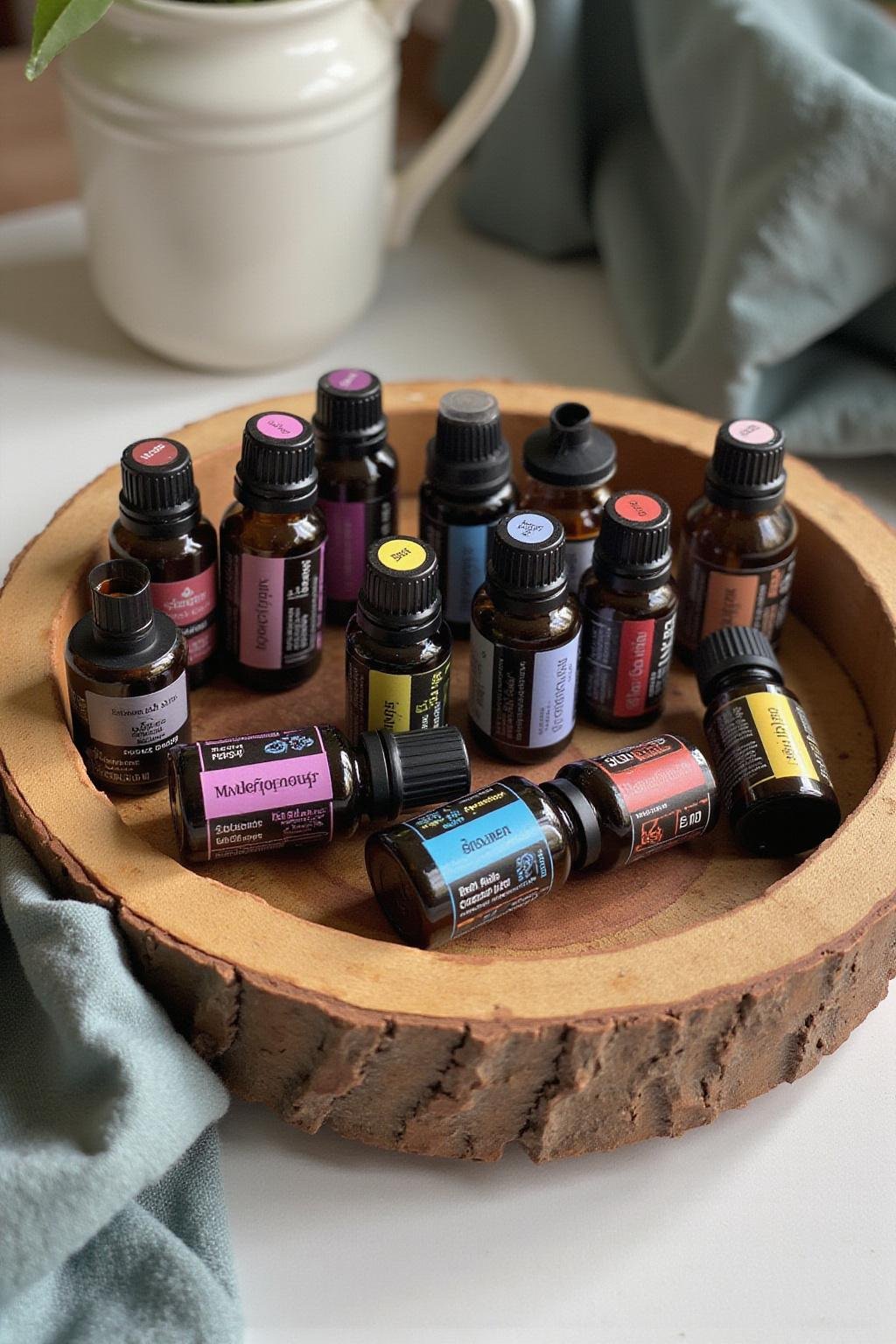 Bouteilles d'huiles essentielles aux étiquettes colorées, alignées sur un plateau en bois, idéales pour un cadeau aux amateurs d'huiles essentielles