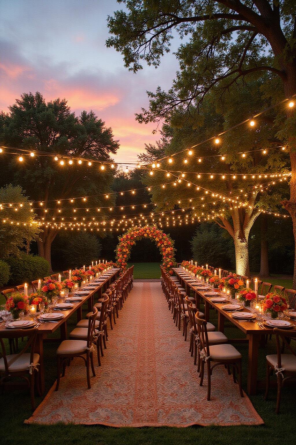Décoration extérieure pour célébration de la vie avec des fleurs et des guirlandes lumineuses au coucher du soleil