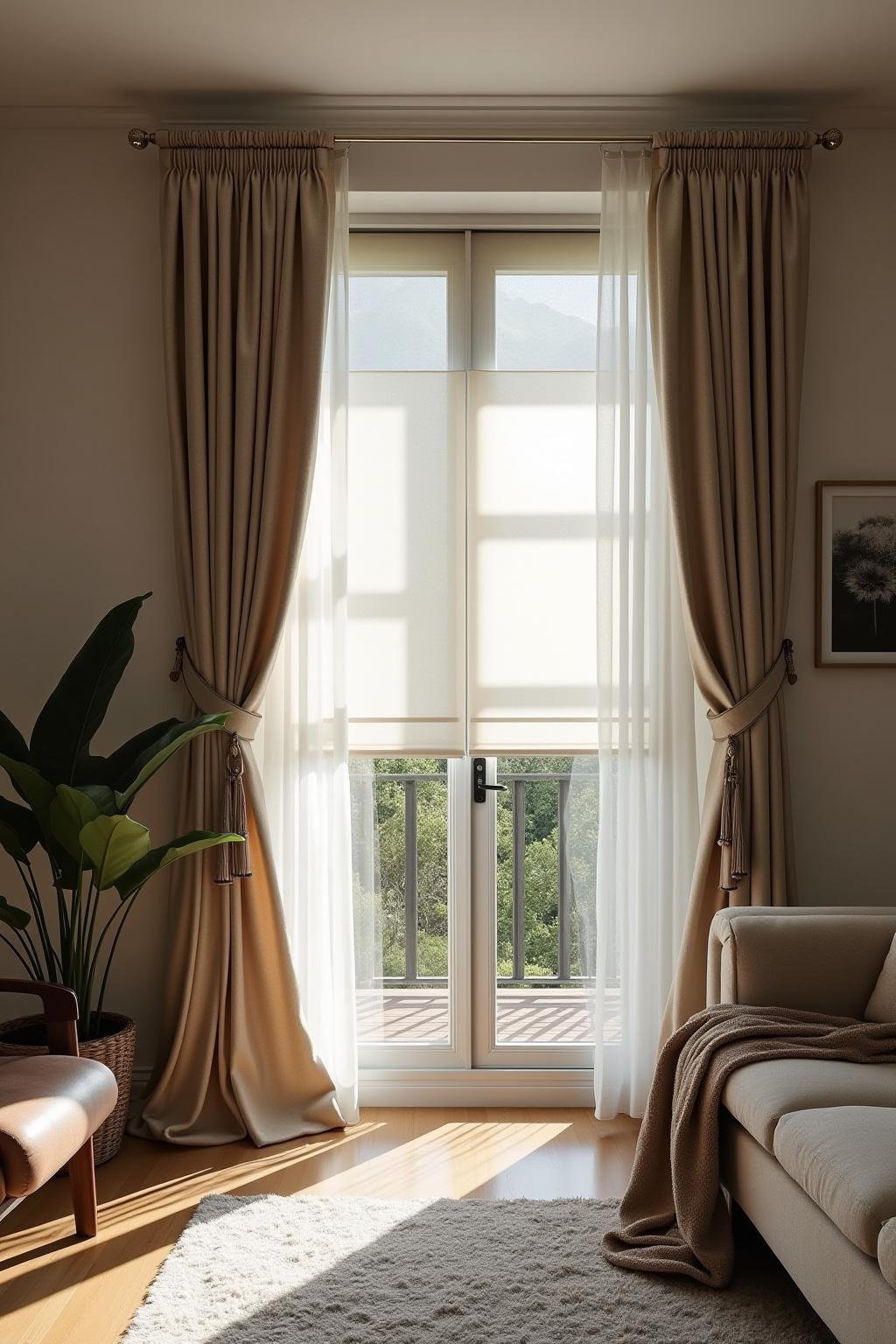 Salon moderne avec des stores élégants assurant intimité et lumière naturelle