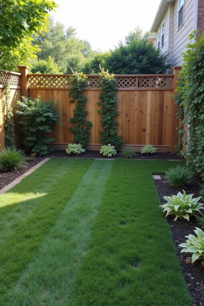 Un jardin arrière avec une haute clôture en bois recouverte de plantes grimpantes, offrant intimité et protection contre les regards indiscrets.