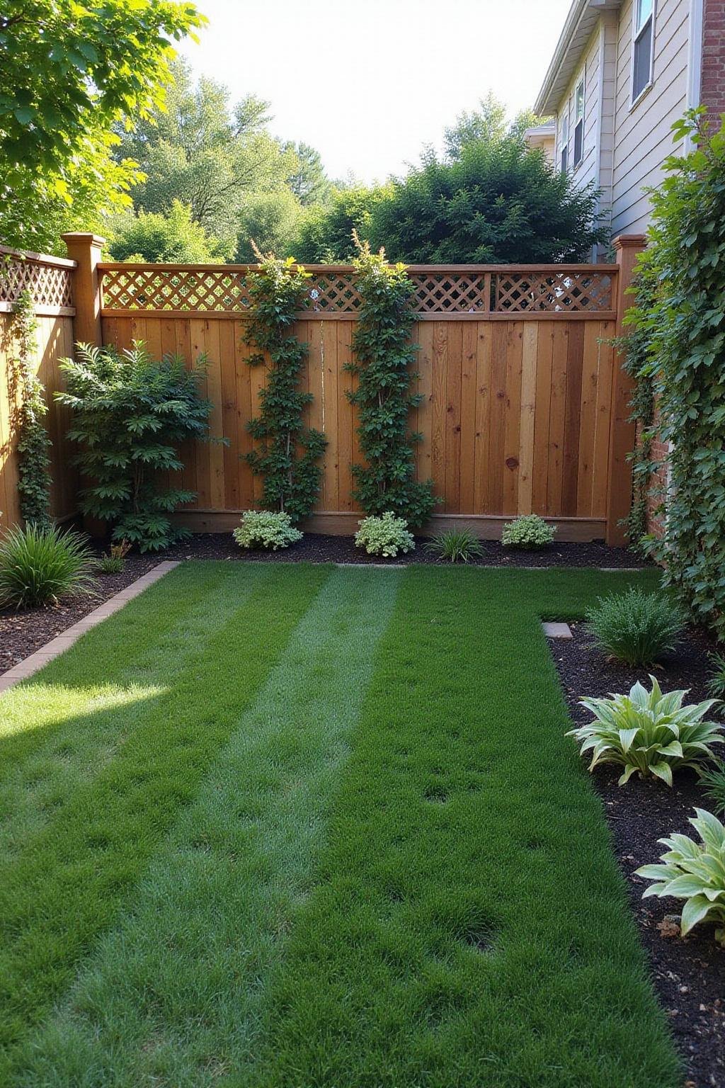 Un jardin arrière avec une haute clôture en bois recouverte de plantes grimpantes, offrant intimité et protection contre les regards indiscrets.