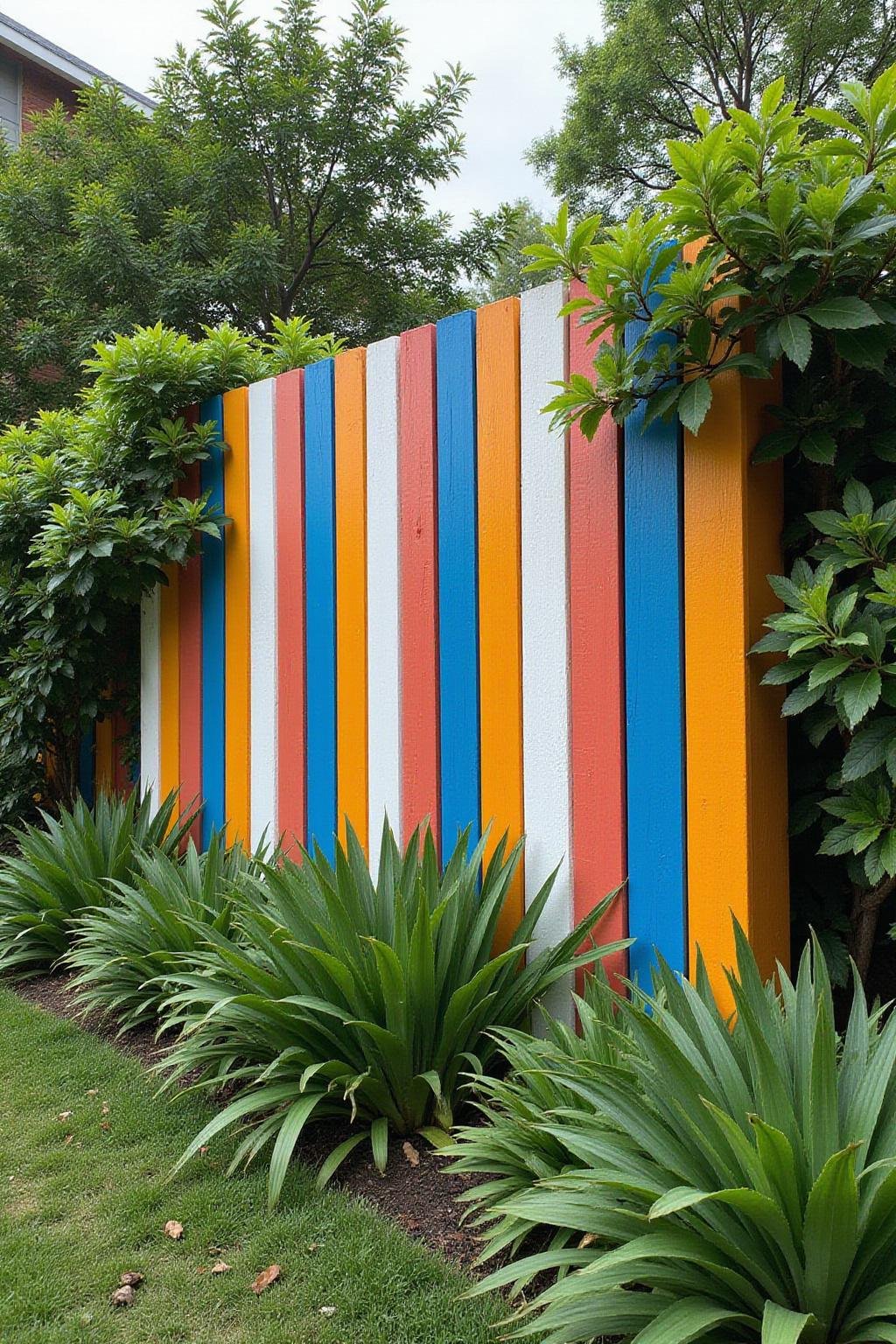 Mur de jardin en bois peint, design chic et économique, entouré de plantes et de fleurs pour un aspect naturel et accueillant