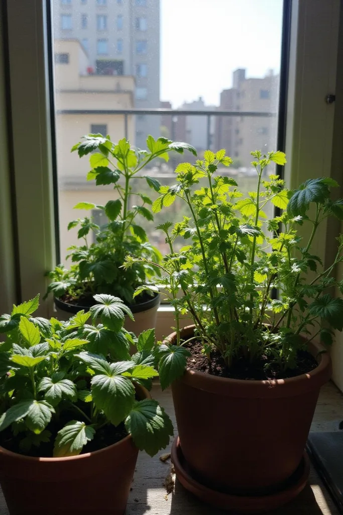 Balcon urbain rempli de pots de basilic, de menthe et de persil en plein soleil