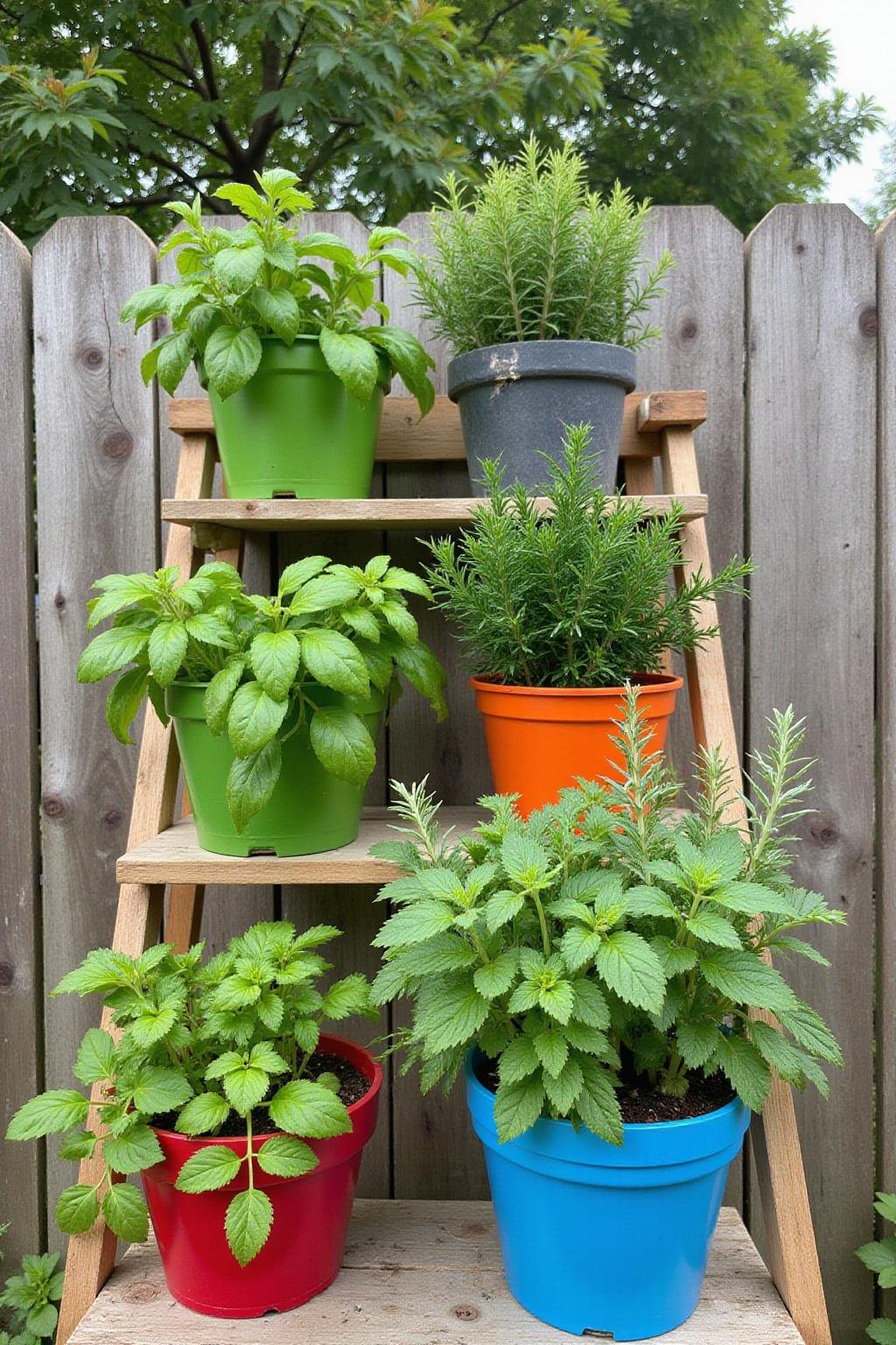 Un jardin d'herbes DIY avec du basilic, de la menthe et du romarin dans des pots en bois, idéal pour une cuisine ou un espace extérieur