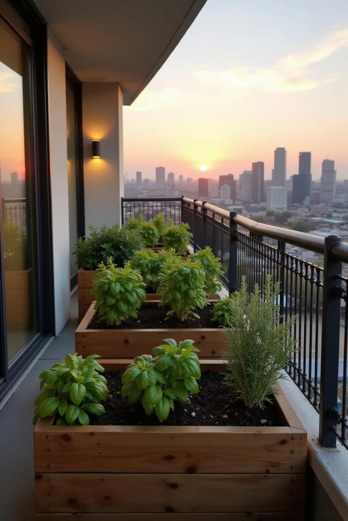 Jardin d'herbes aromatiques cosy sur balcon avec des jardinières en bois contenant du basilic, du thym et du romarin, avec la ville en arrière-plan au coucher du soleil