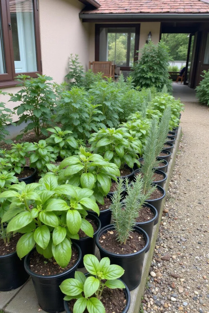 Jardin d'herbes avec basilic, thym, et romarin en pots devant une charmante maison de campagne