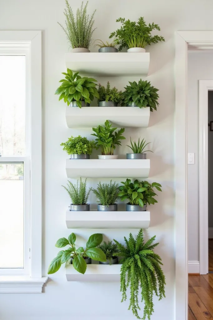 Jardin d'herbes vertical dans une cuisine avec basilic, menthe et persil en petits pots, permettant de gagner de l'espace au sol