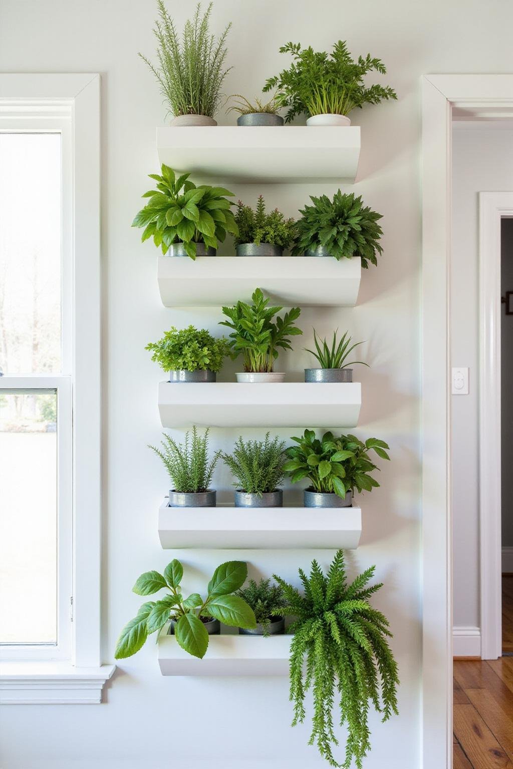 Jardin d'herbes vertical dans une cuisine avec basilic, menthe et persil en petits pots, permettant de gagner de l'espace au sol
