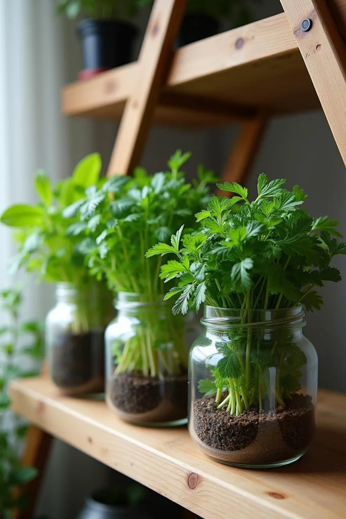 Jardin d'herbes d'intérieur avec des bocaux en verre contenant du basilic, de la menthe et du persil sur une étagère en bois, idéal pour les oublieux d'arrosage.