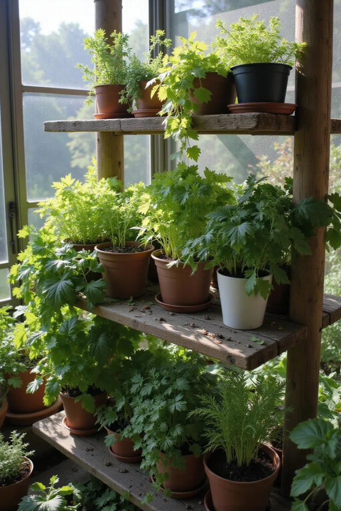 Un jardin d’herbes en arrière-plan avec des plantes en pots sur des étagères en bois, profitant du soleil — parfait pour les jardiniers peu actifs