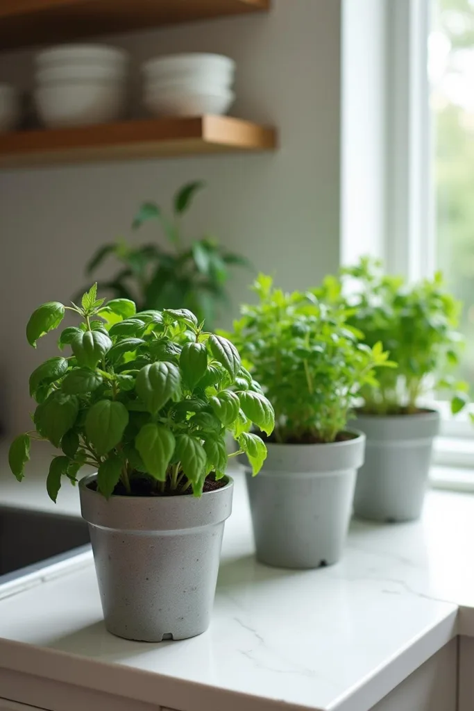 Jardin d'herbes moderne sur le comptoir avec basilic, menthe et persil dans de petits pots sur une planche de cuisine