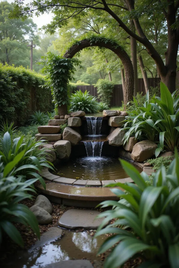 Espace spirituel dans le jardin avec fontaine et végétation pour la détente et la méditation
