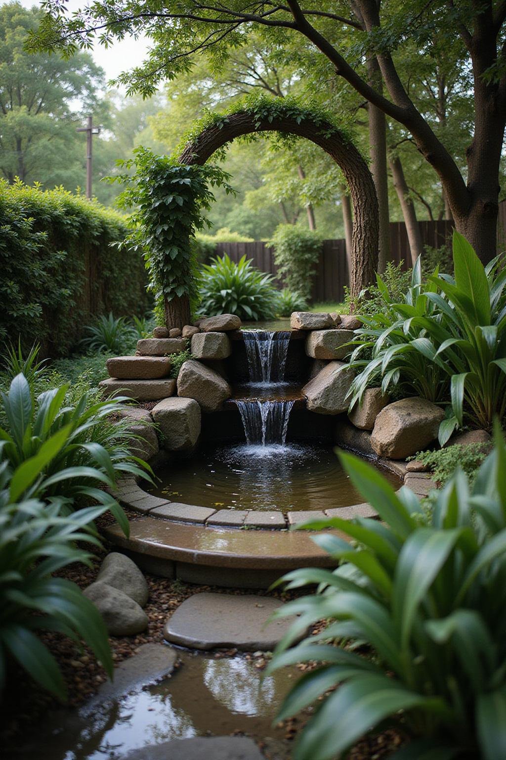 Espace spirituel dans le jardin avec fontaine et végétation pour la détente et la méditation