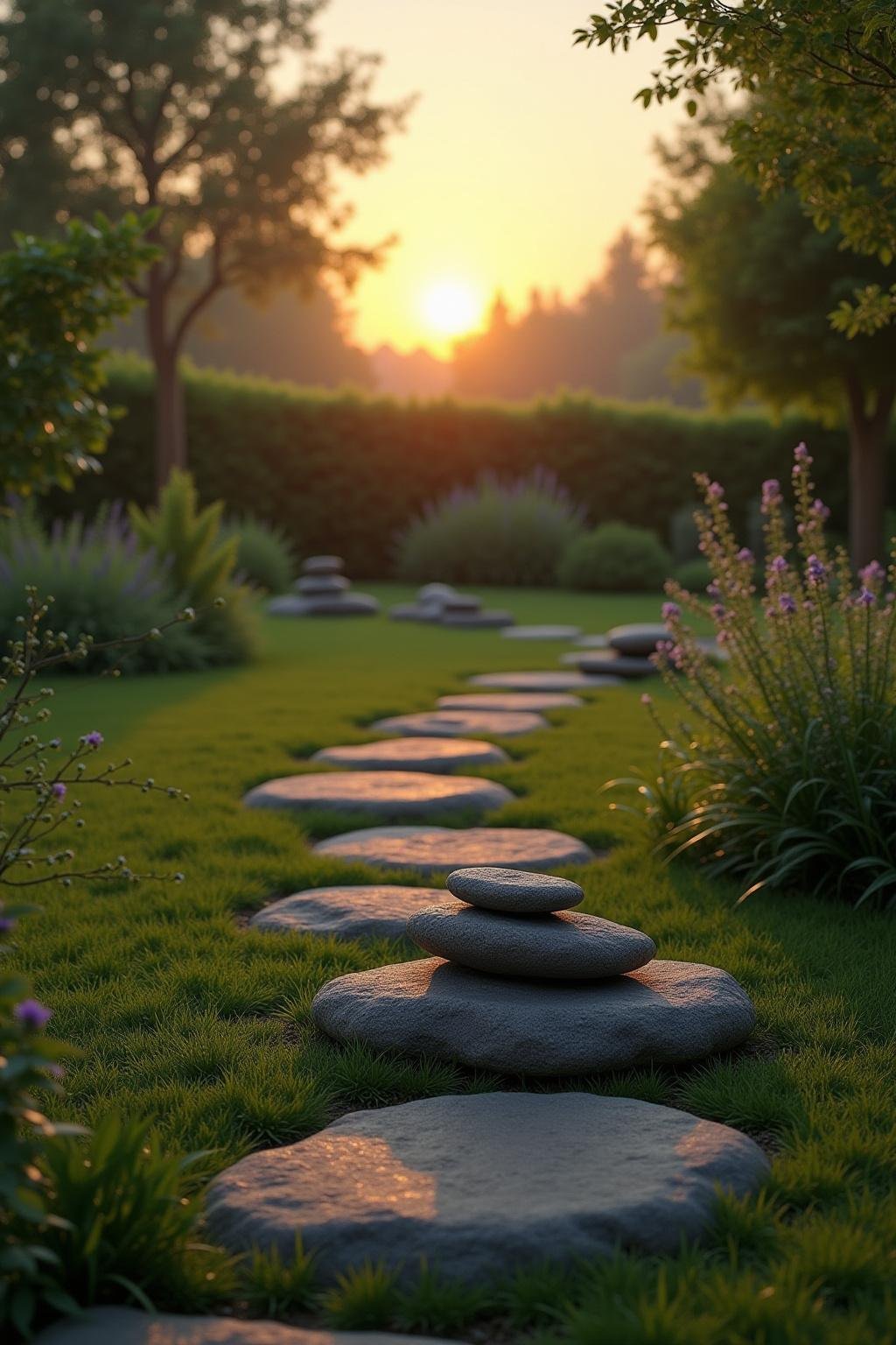 Un jardin serein avec des pierres de méditation, des plantes apaisantes et une lumière naturelle, évoquant une ambiance spirituelle