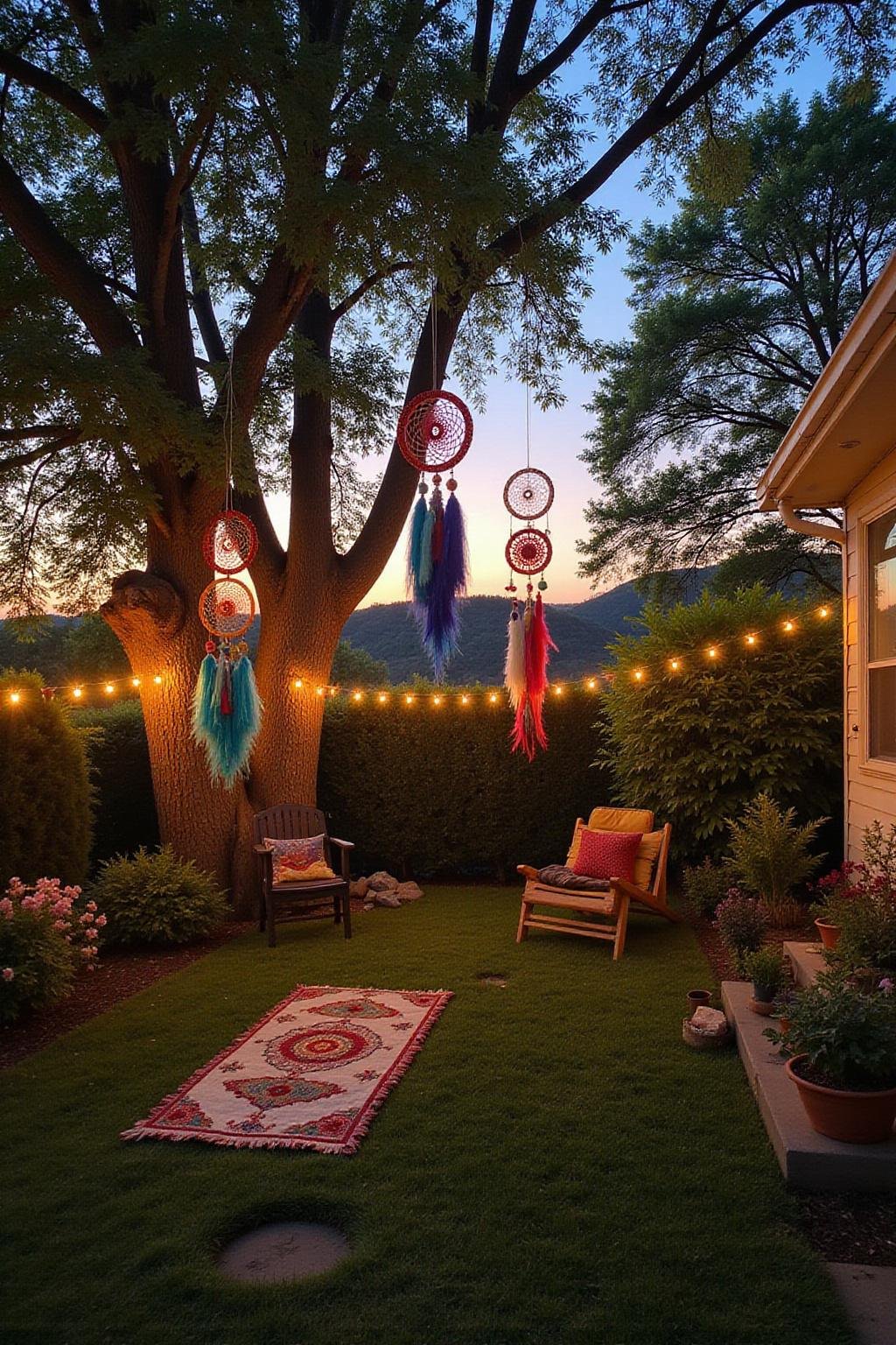 Jardin inspiré hippie avec décorations vibrantes, attrape-rêves suspendus et éclairage féérique au coucher du soleil