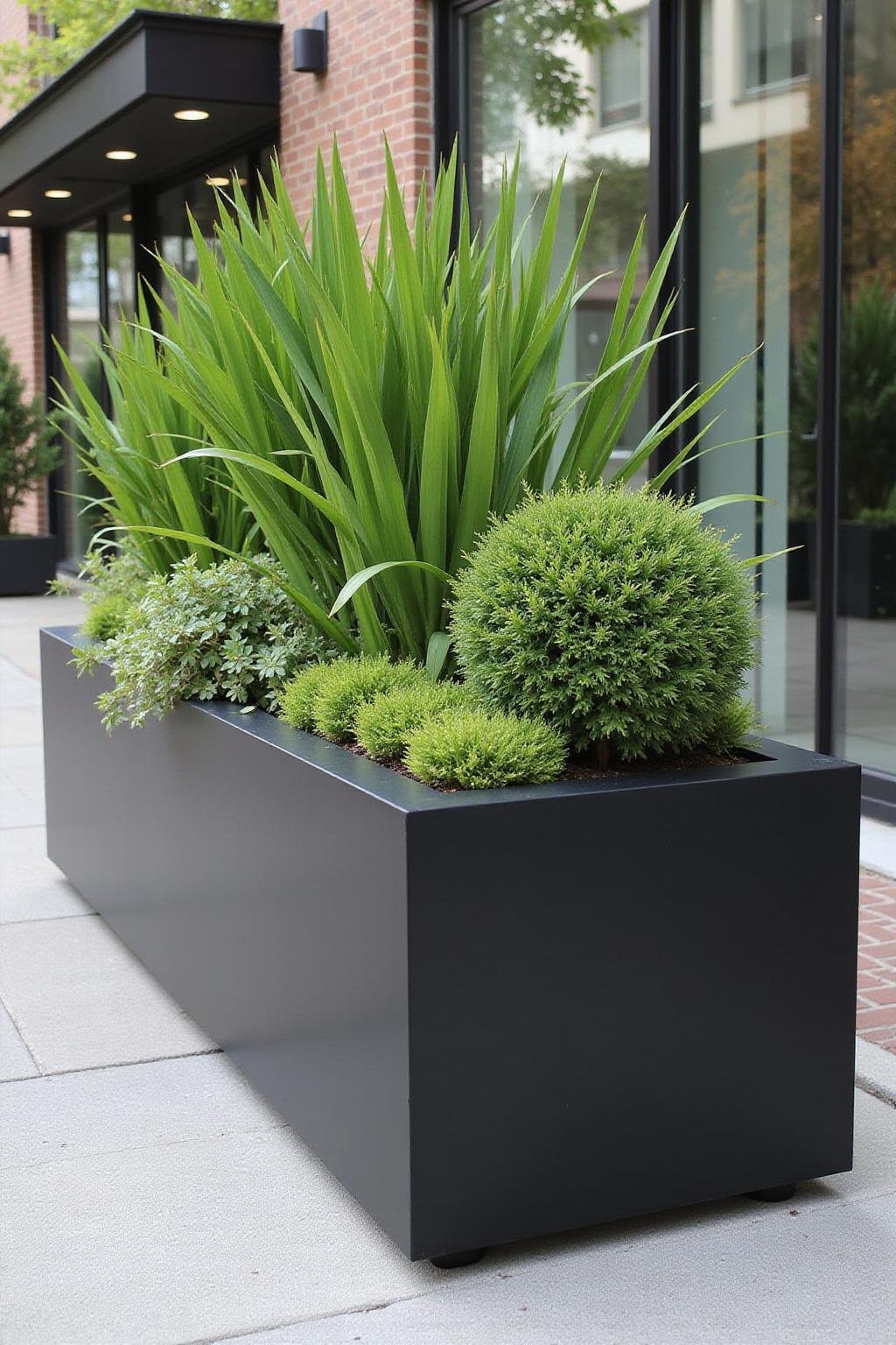 Jardinière moderne en métal noir avec feuillage vert lumineux dans un espace extérieur sophistiqué
