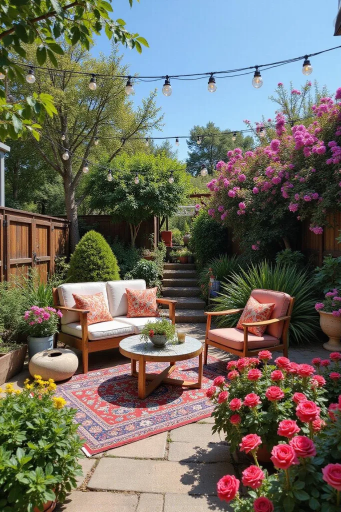 Jardin bohème coloré avec fleurs, lanternes et mobilier unique, parfait pour un espace extérieur d'inspiration hippie