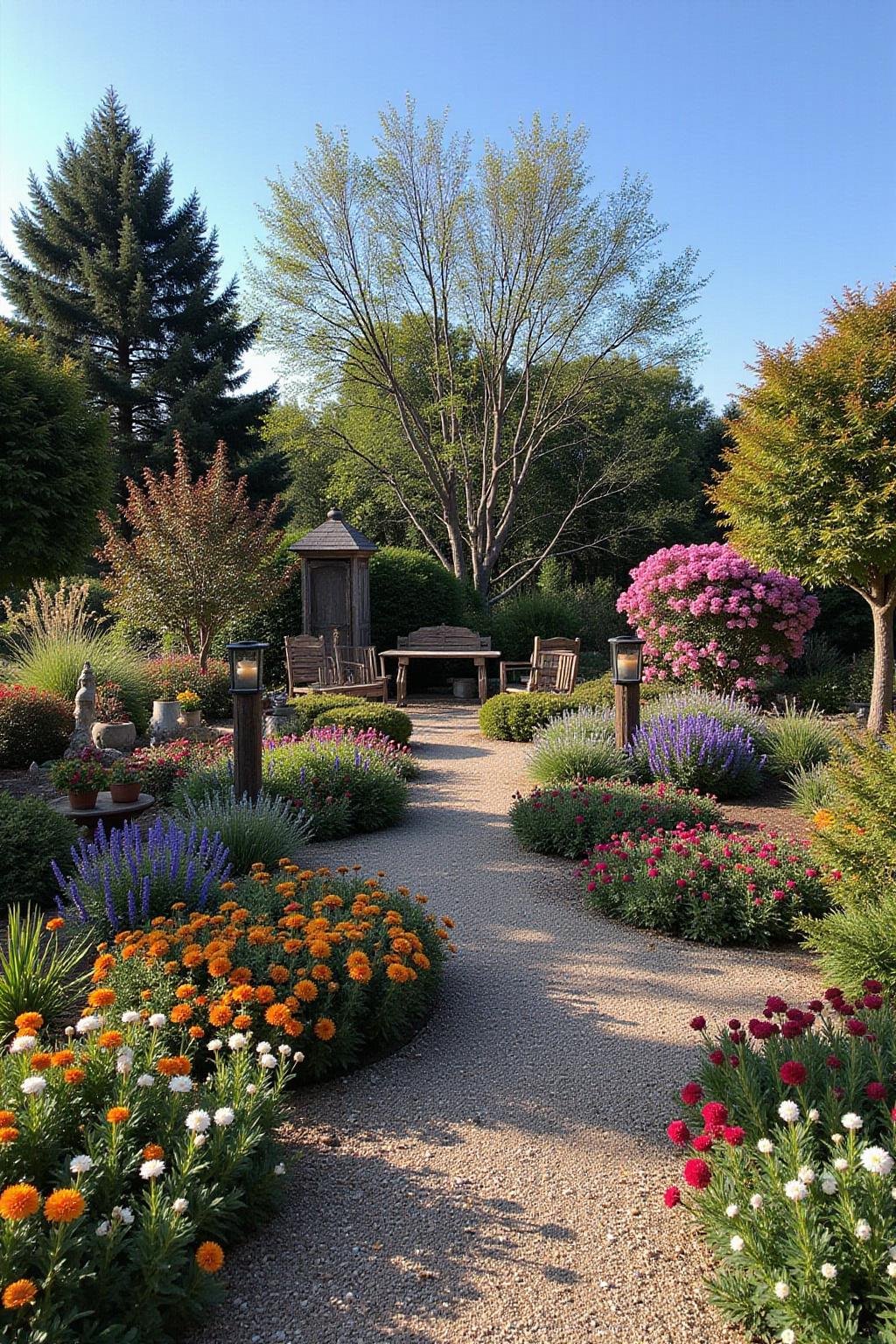 Jardin fantaisiste avec fleurs colorées, guirlandes lumineuses et mobilier rustique, parfait pour les esprits libres