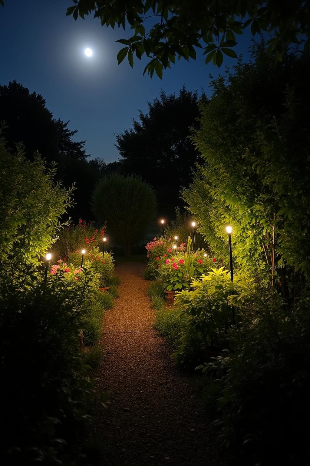 Vue d’un jardin nocturne avec ciel lunaire, lumières féeriques et fleurs éclatantes