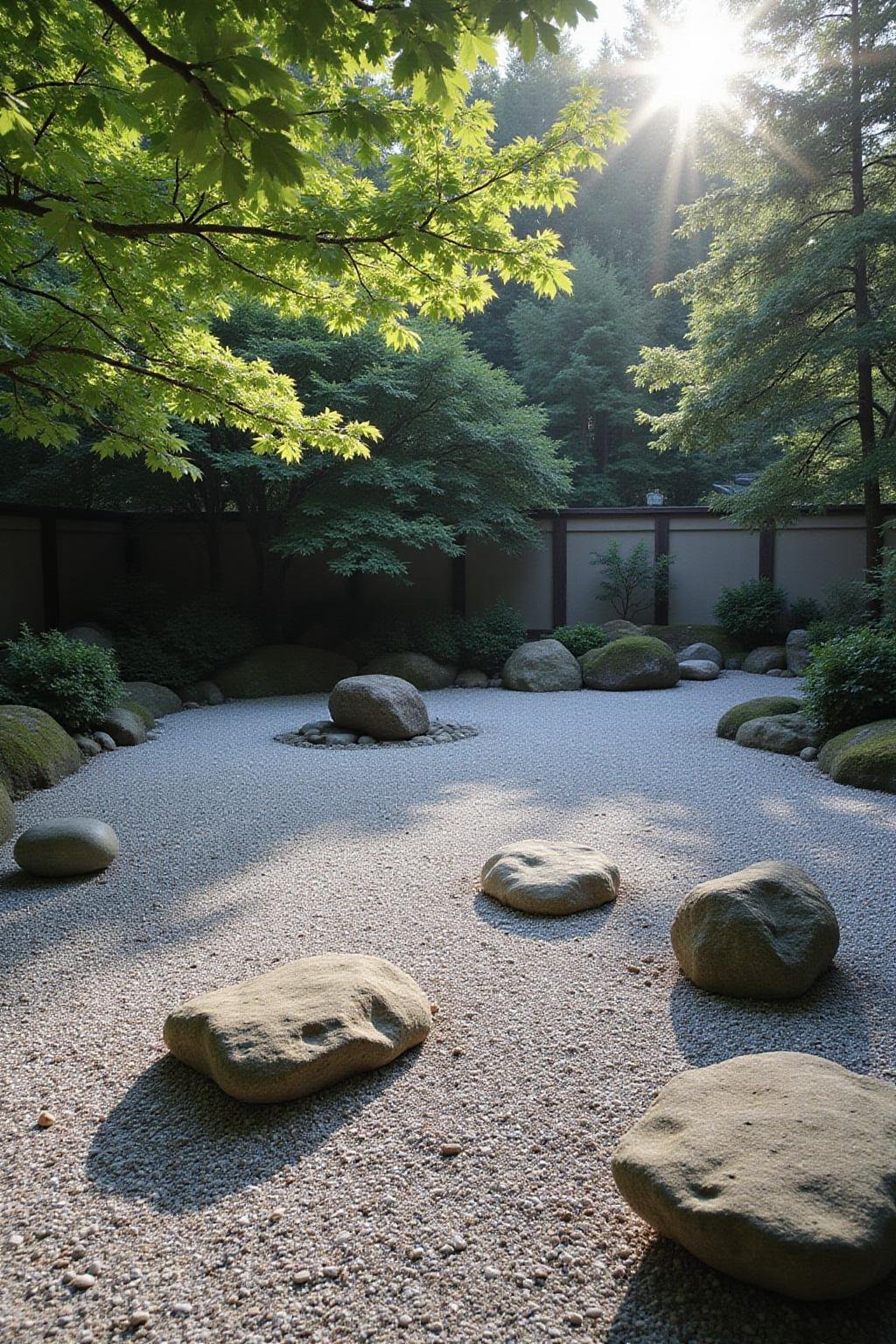 Un jardin zen japonais serein avec gravier ratissé et pierres lisses sous la douce lumière matinale