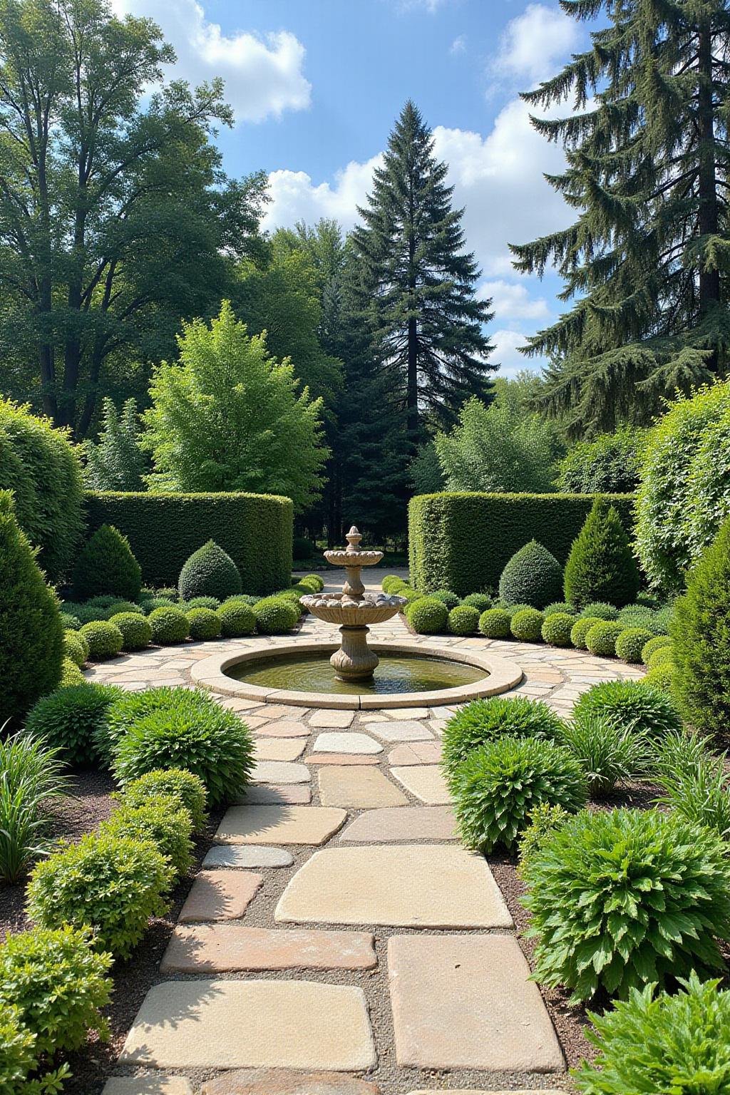 Scène sereine d’un jardin comprenant un chemin en pierre, des feuillages luxuriants et une fontaine, idéal pour la méditation en pleine nature.