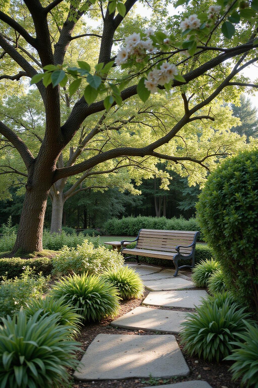 Jardin paisible avec sentier en pierre, plantes luxuriantes et banc en bois sous la lumière matinale, parfait pour la détente