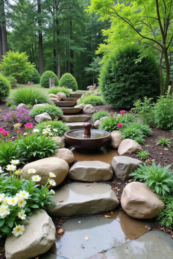 Jardin intérieur paisible avec plantes vertes luxuriantes, pierres décoratives et une fontaine en fleurs