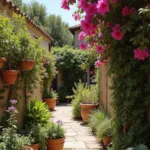 Scène colorée d’un jardin méditerranéen avec des plantes fleuries et un chemin en pierre baigné de soleil