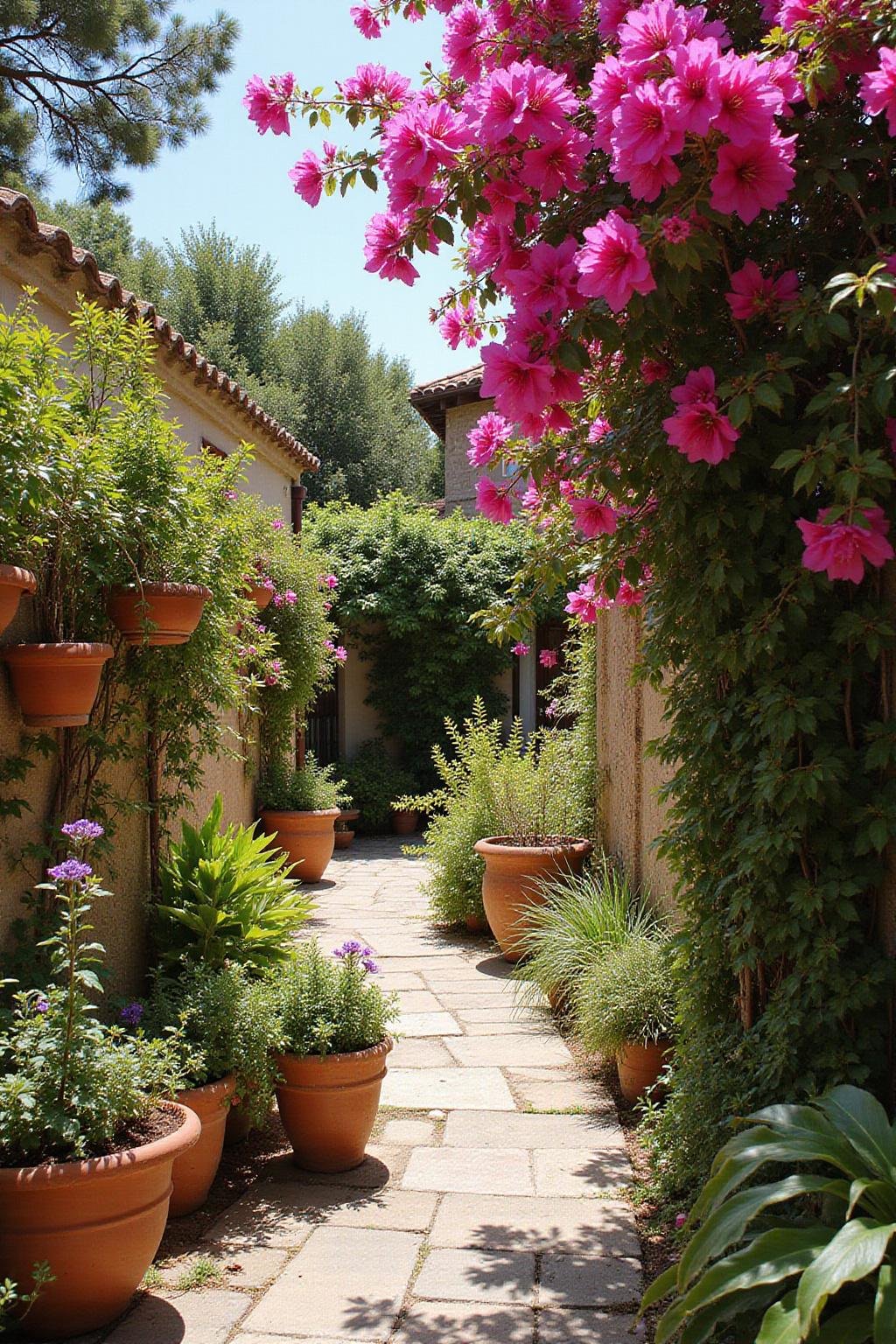 Scène colorée d’un jardin méditerranéen avec des plantes fleuries et un chemin en pierre baigné de soleil