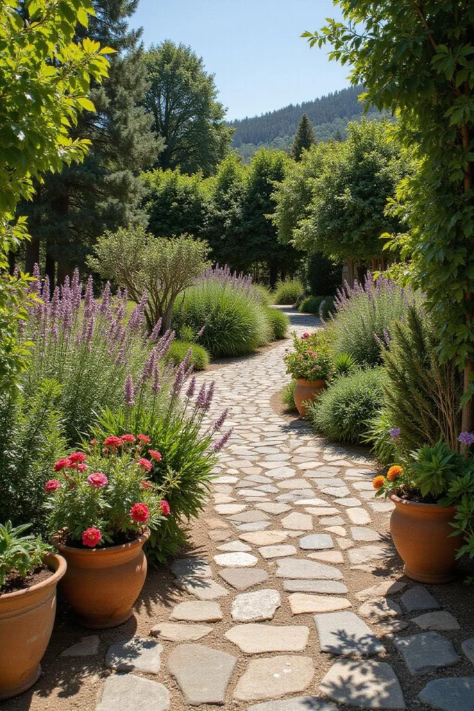 Jardin méditerranéen avec chemins en pierre texturés et fleurs colorées dans des pots rustiques