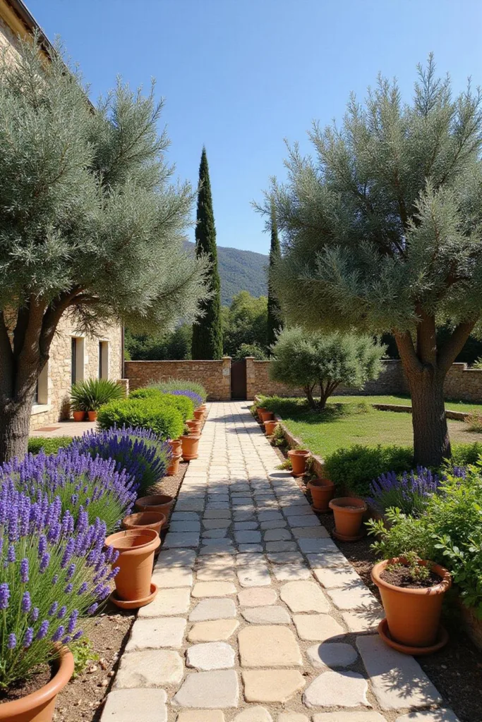 Jardin méditerranéen magnifique avec oliviers, lavande et pots en terracotta dans un cadre ensoleillé