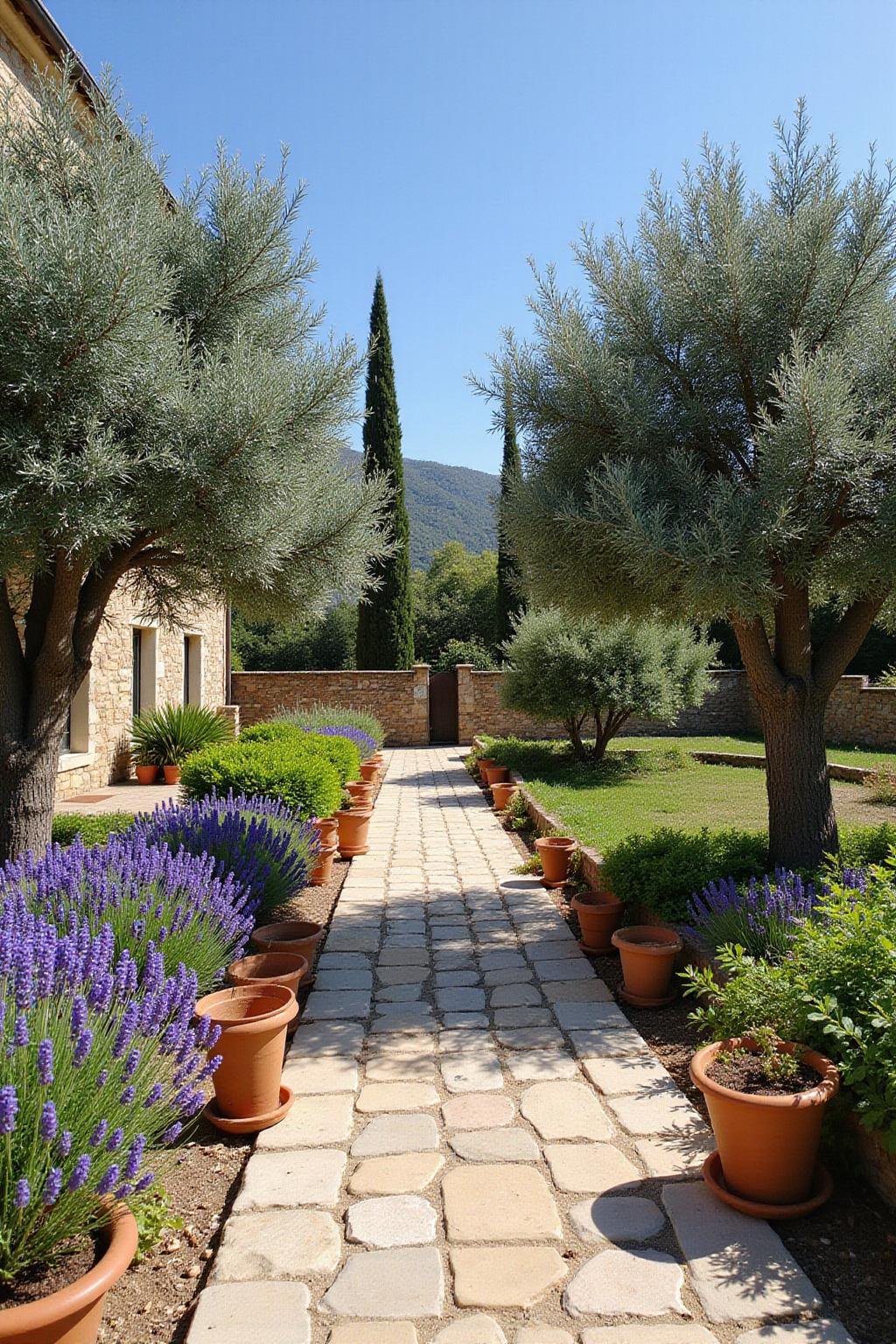 Jardin méditerranéen magnifique avec oliviers, lavande et pots en terracotta dans un cadre ensoleillé