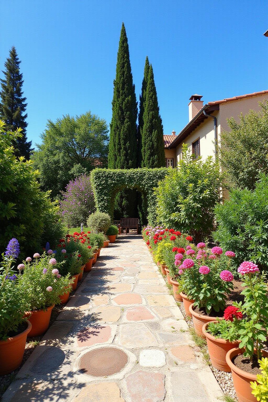 Belle vue d’un jardin méditerranéen avec fleurs éclatantes, pots en terre cuite et un chemin en pierre sous un ciel bleu vif