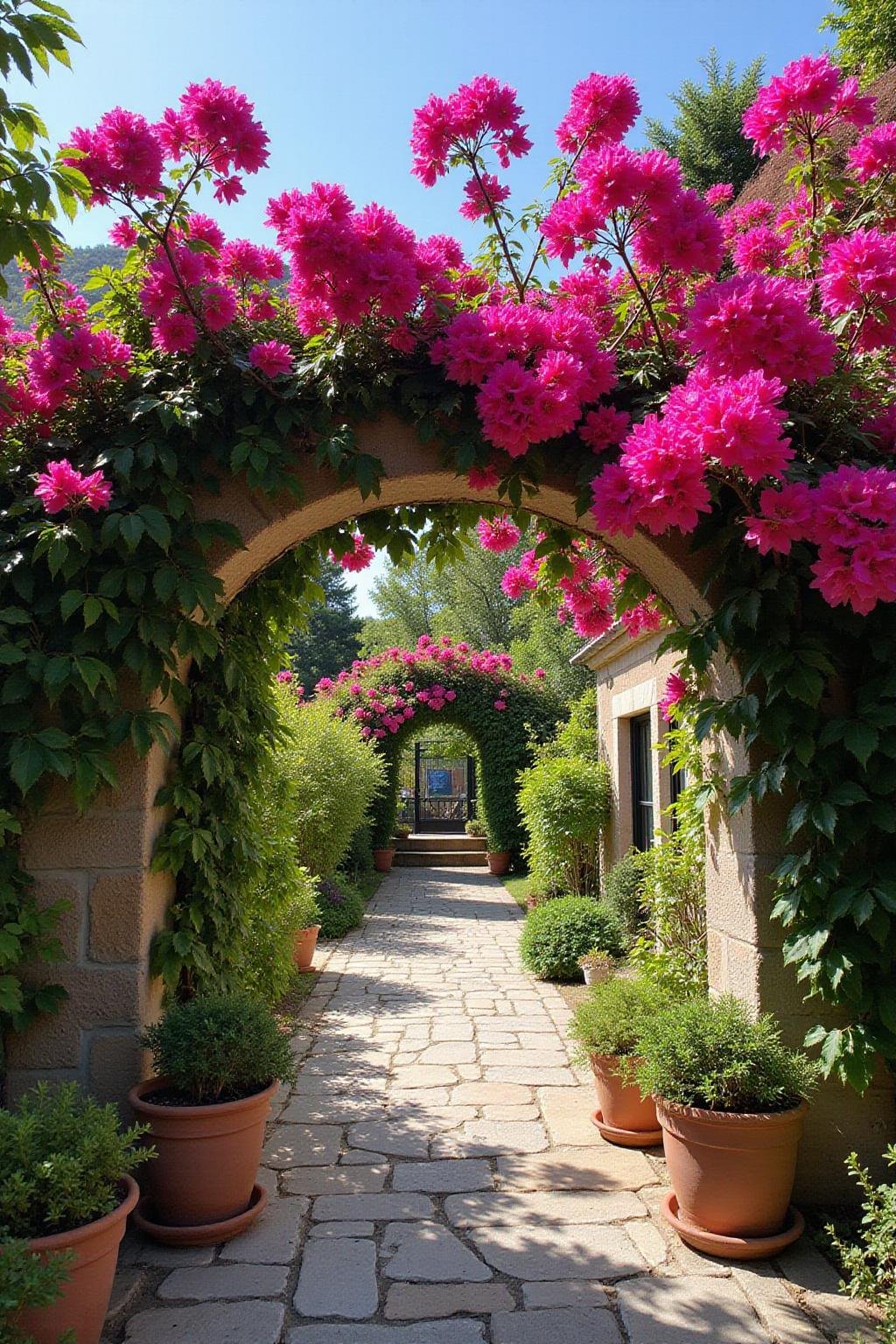 Jardin méditerranéen avec bougainvillaea en fleurs, pots en terre cuite, et chemin en pierre sous une lumière éclatante.