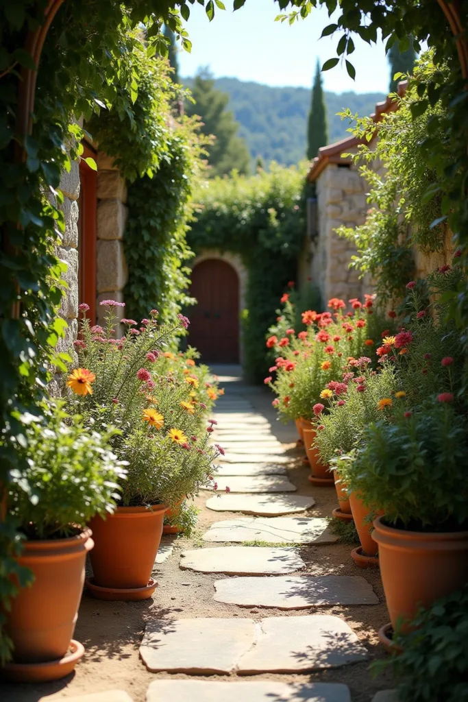 Jardin méditerranéen avec des fleurs colorées, des pots en terre cuite et des chemins en pierre évoquant une ambiance de vacances