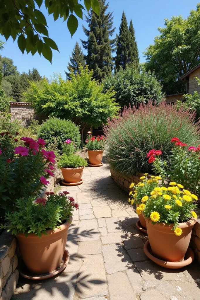 Jardin méditerranéen charmant avec de nombreux pots en terre cuite colorés et une végétation abondante