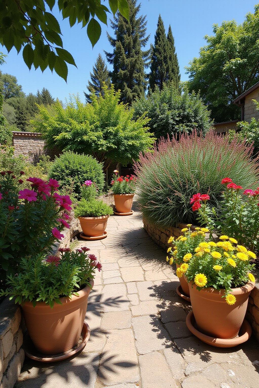 Jardin méditerranéen charmant avec de nombreux pots en terre cuite colorés et une végétation abondante