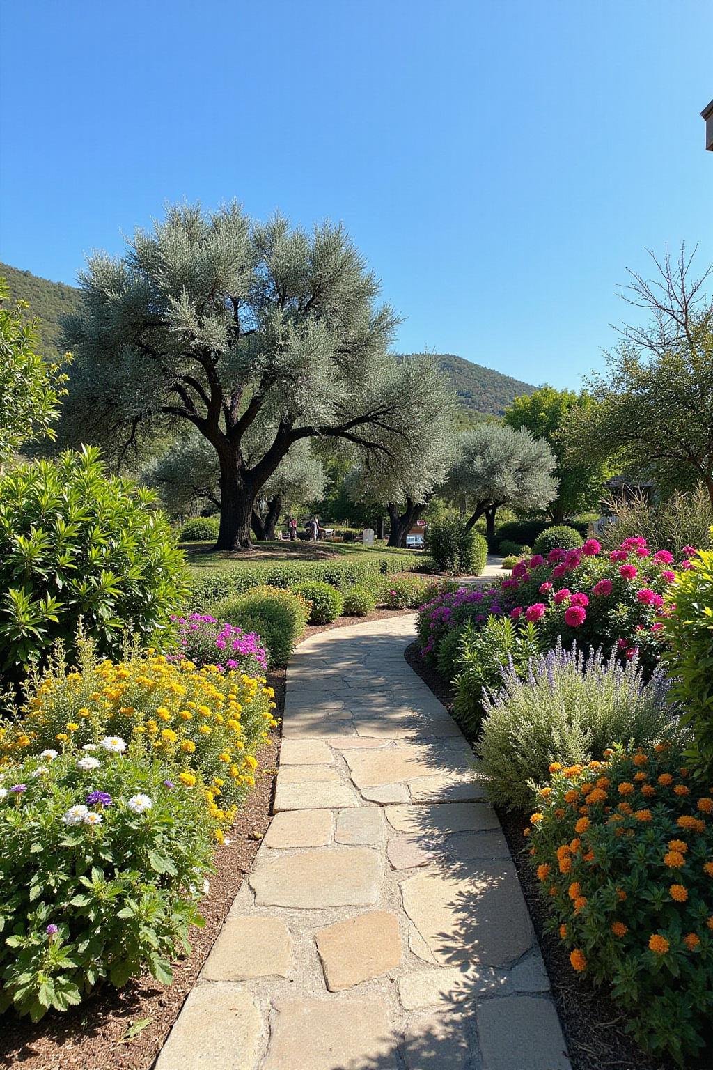 Jardin méditerranéen avec des oliviers, des fleurs colorées et des chemins en pierre, évoquant une atmosphère chaleureuse et ensoleillée