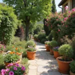 Un jardin méditerranéen charmant avec des fleurs colorées, des pots en terre cuite et des chemins en pierre évoquant l’Italie