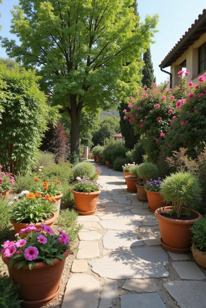 Un jardin méditerranéen charmant avec des fleurs colorées, des pots en terre cuite et des chemins en pierre évoquant l’Italie