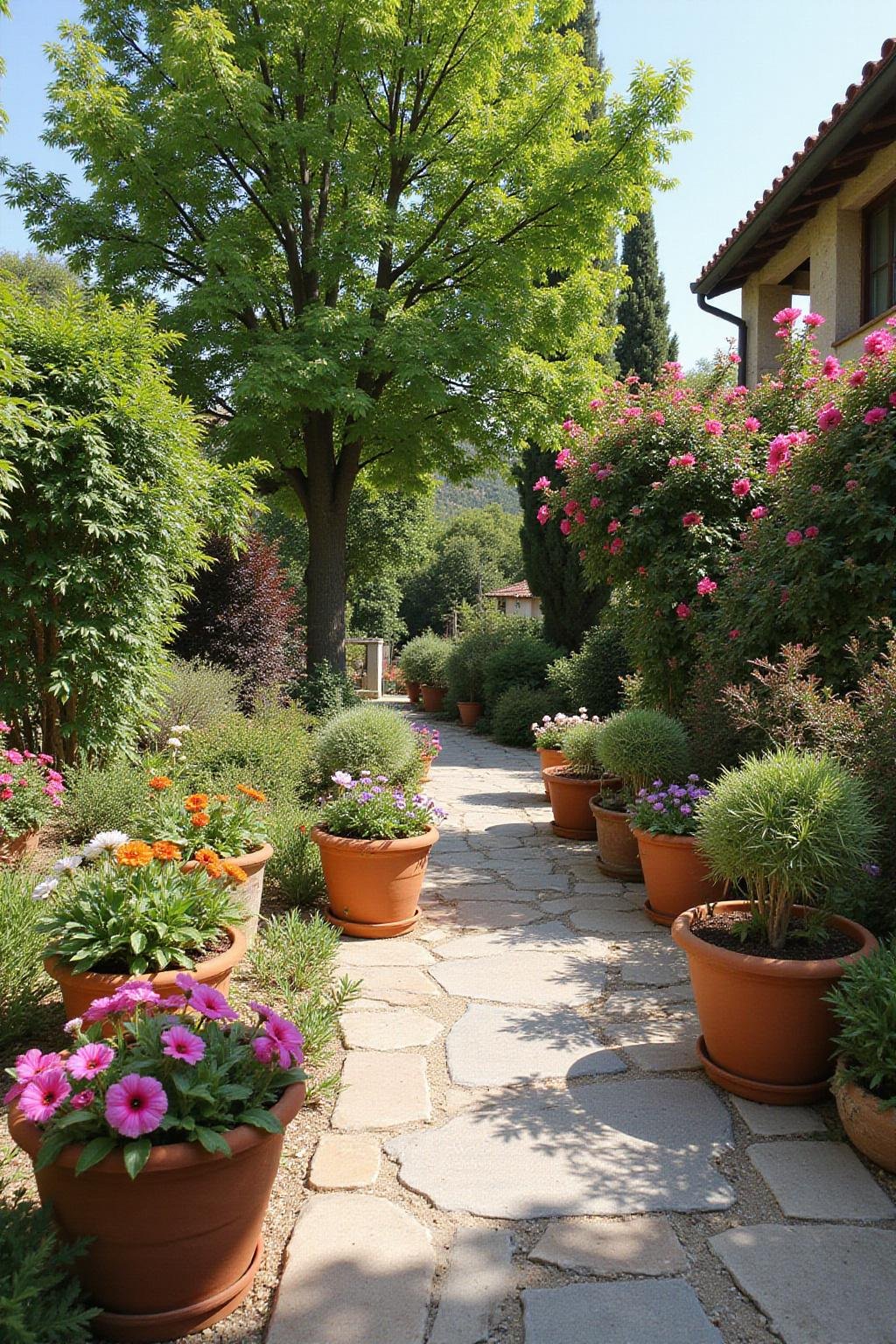 Un jardin méditerranéen charmant avec des fleurs colorées, des pots en terre cuite et des chemins en pierre évoquant l’Italie